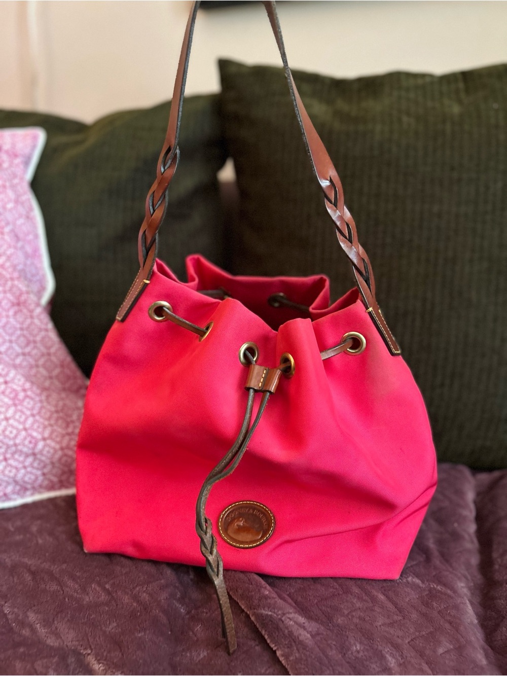 Dooney & Bourke Hot Pink Drawstring Hobo with Braided Leather Strap
